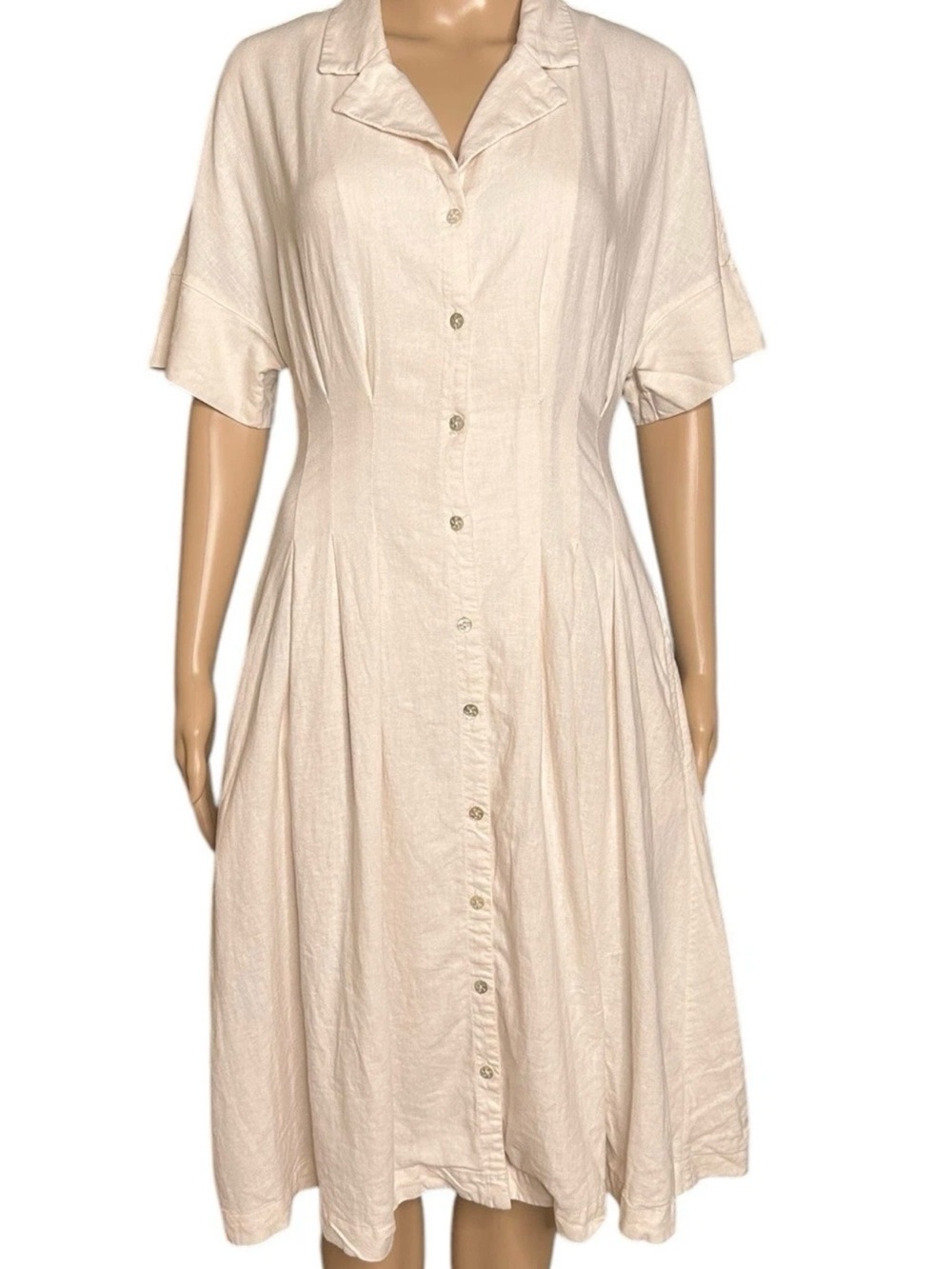 H by Halston Cream Button-Front Midi Shirt Dress Linen Blend
